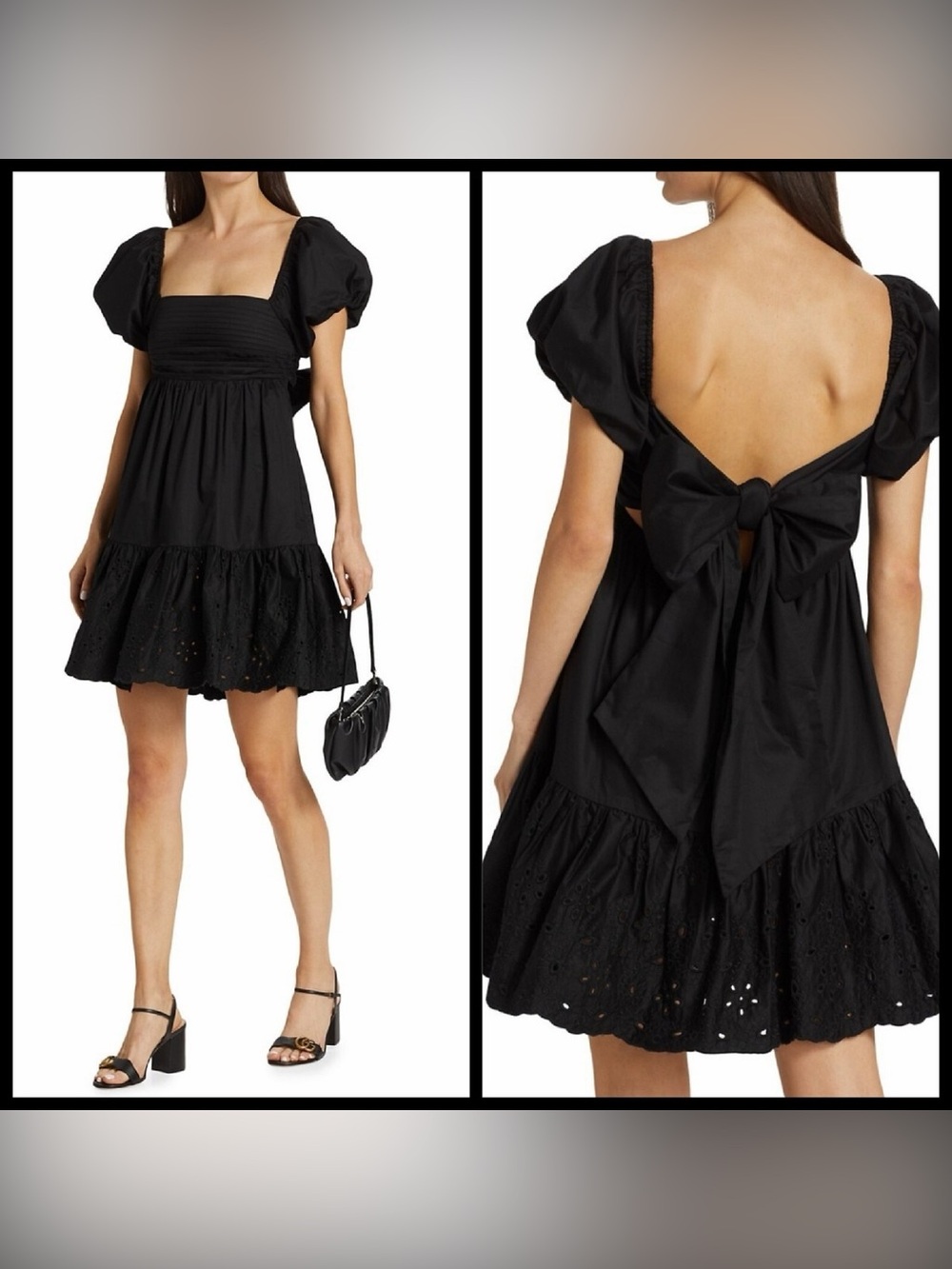 En Saison Juliet Puff Sleeve Eyelet Open Tie Back Black Cotton Dress Size Small